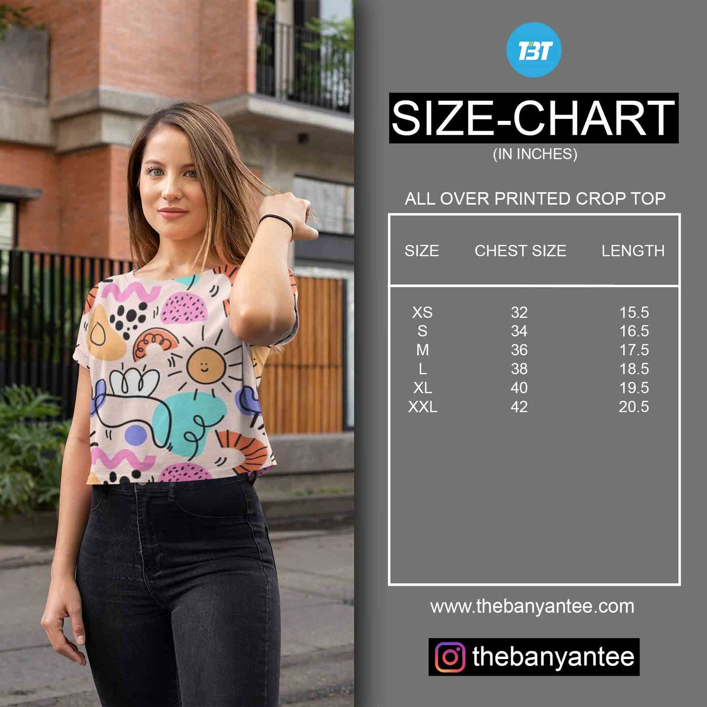 TechnoFunda Custom AOP Crop Top Size Chart