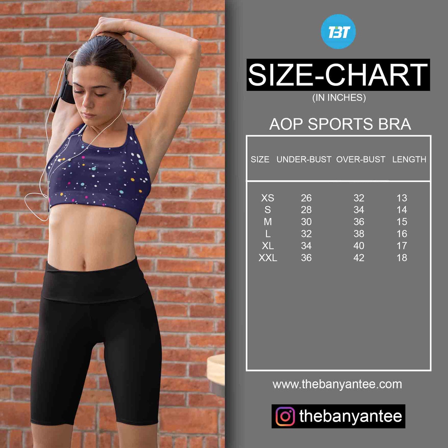TechnoFunda Custom AOP Sports Bra Size Chart