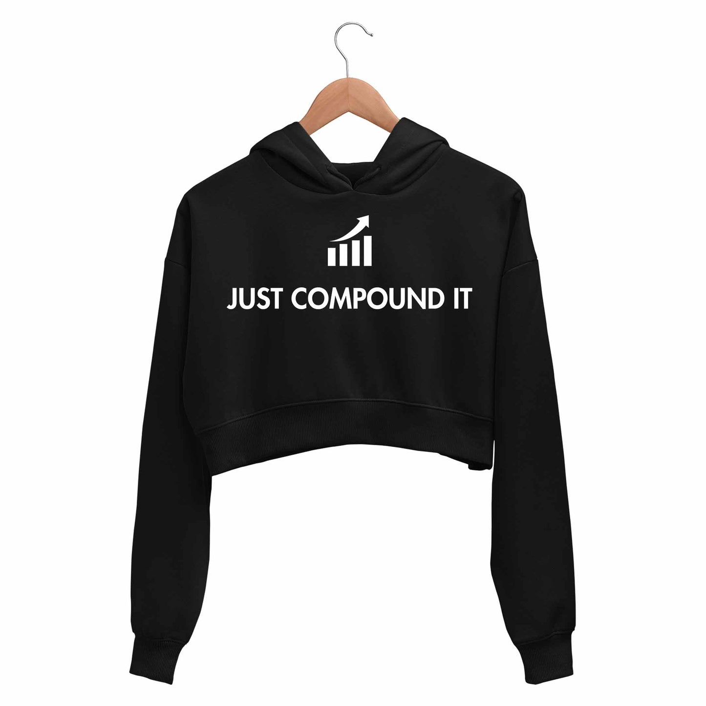 technofunda investing just compound it crop hoodie hooded sweatshirt upper winterwear finance stock equity compounding graphic stylish buy online india vivek mashrani tbt men women girls boys unisex black