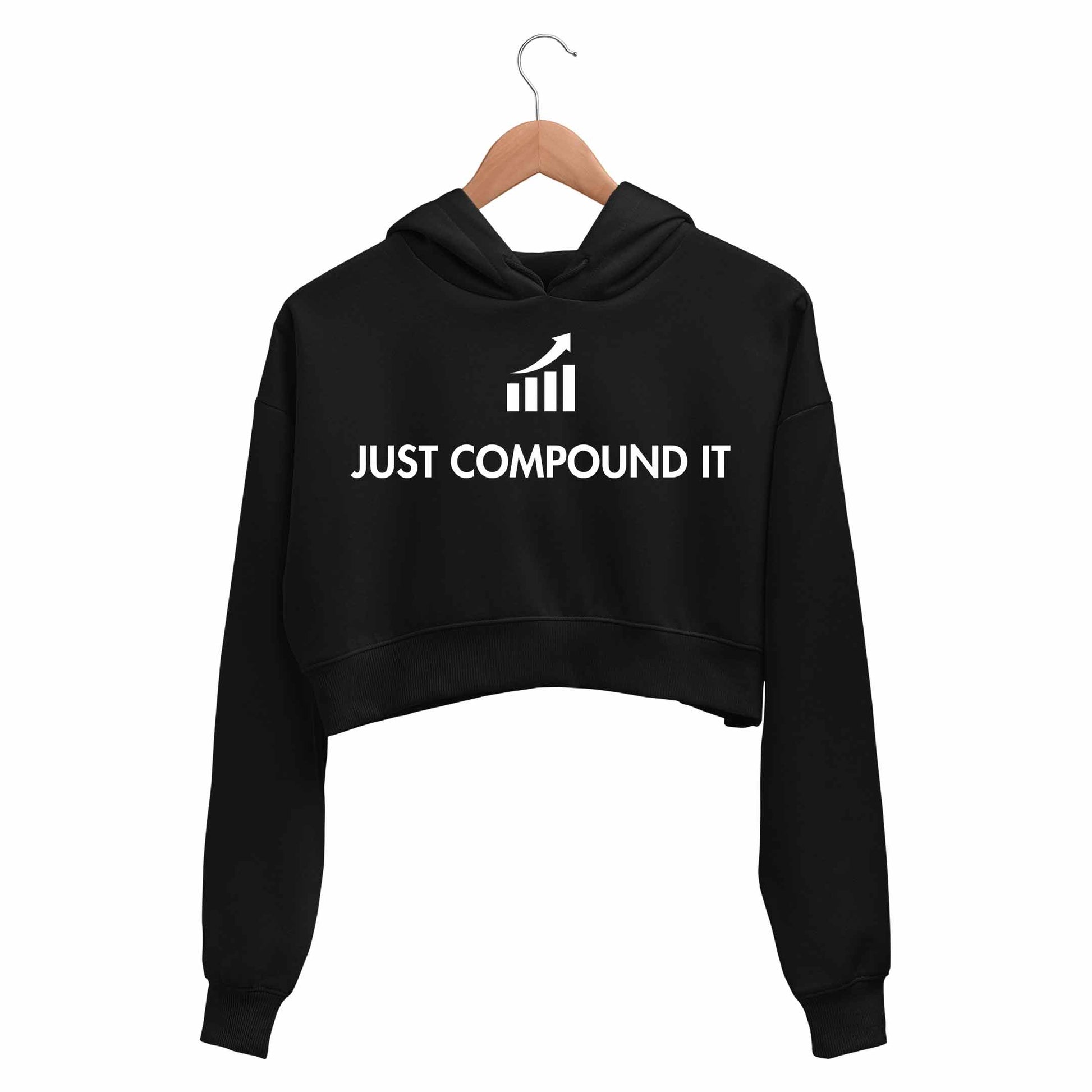 technofunda investing just compound it crop hoodie hooded sweatshirt upper winterwear finance stock equity compounding graphic stylish buy online india vivek mashrani tbt men women girls boys unisex black