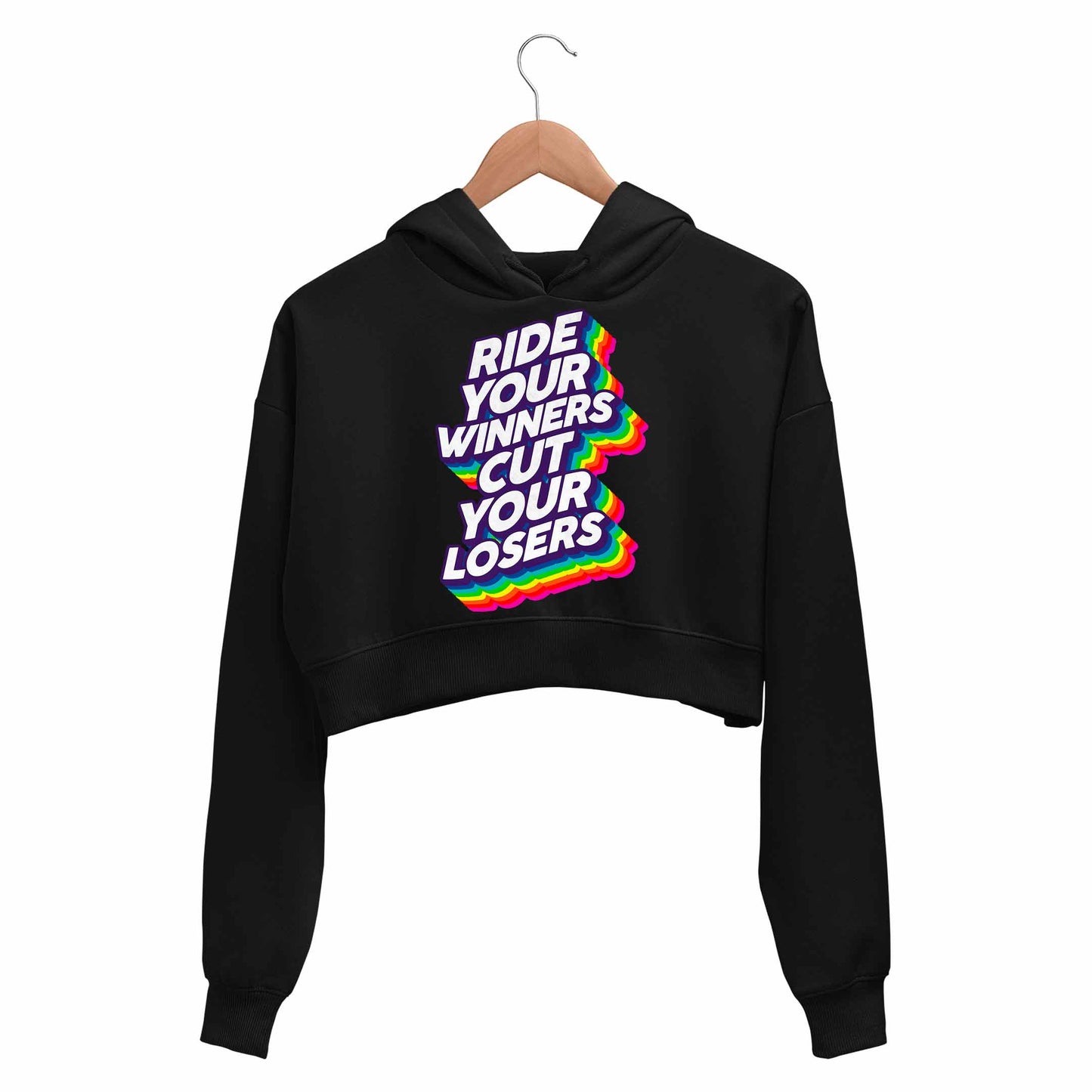 technofunda investing ride your winners cut your losers crop hoodie hooded sweatshirt upper winterwear finance stock equity compounding graphic stylish buy online india vivek mashrani tbt men women girls boys unisex black