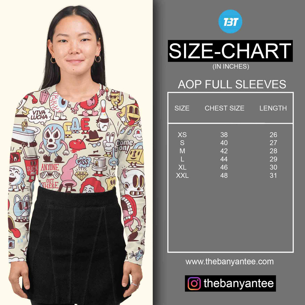 TechnoFunda Custom All Over Printed Full Sleeves T-shirt Size Chart