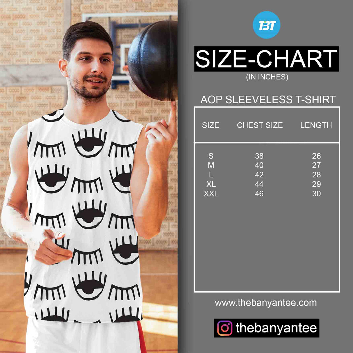 TechnoFunda Custom AOP Sleeveless T-shirt Size Chart