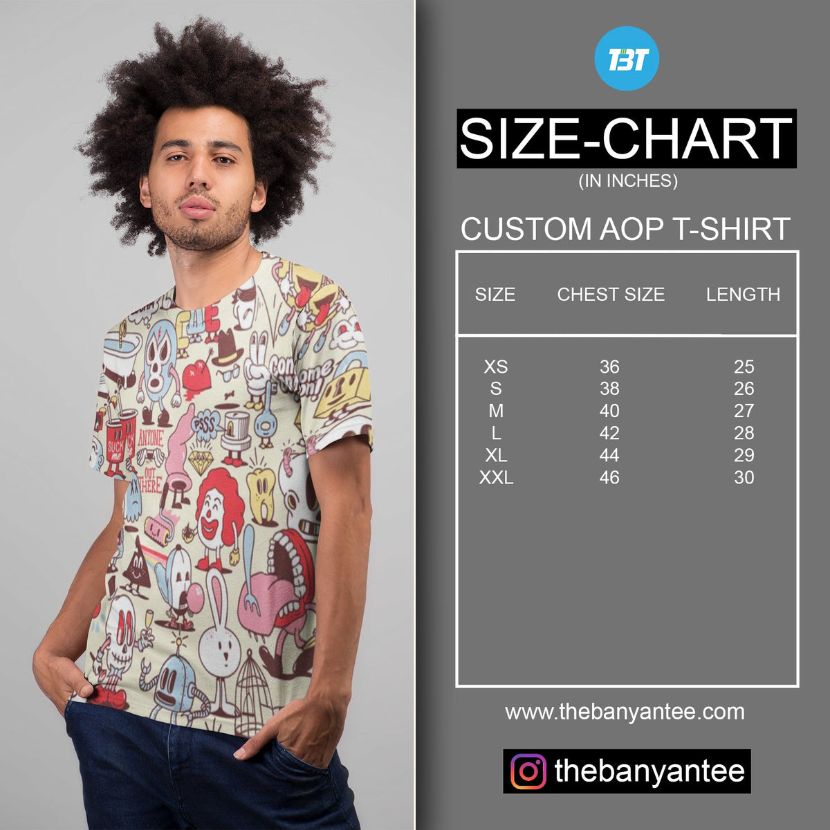 TechnoFunda All Over Printed T-shirt Size Chart