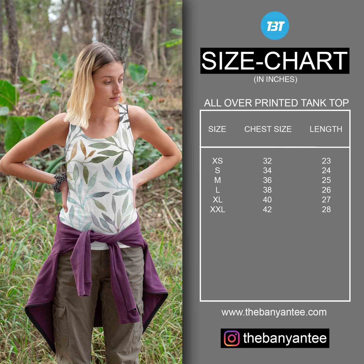 TechnoFunda Custom All Over Printed Tank Top Size Chart