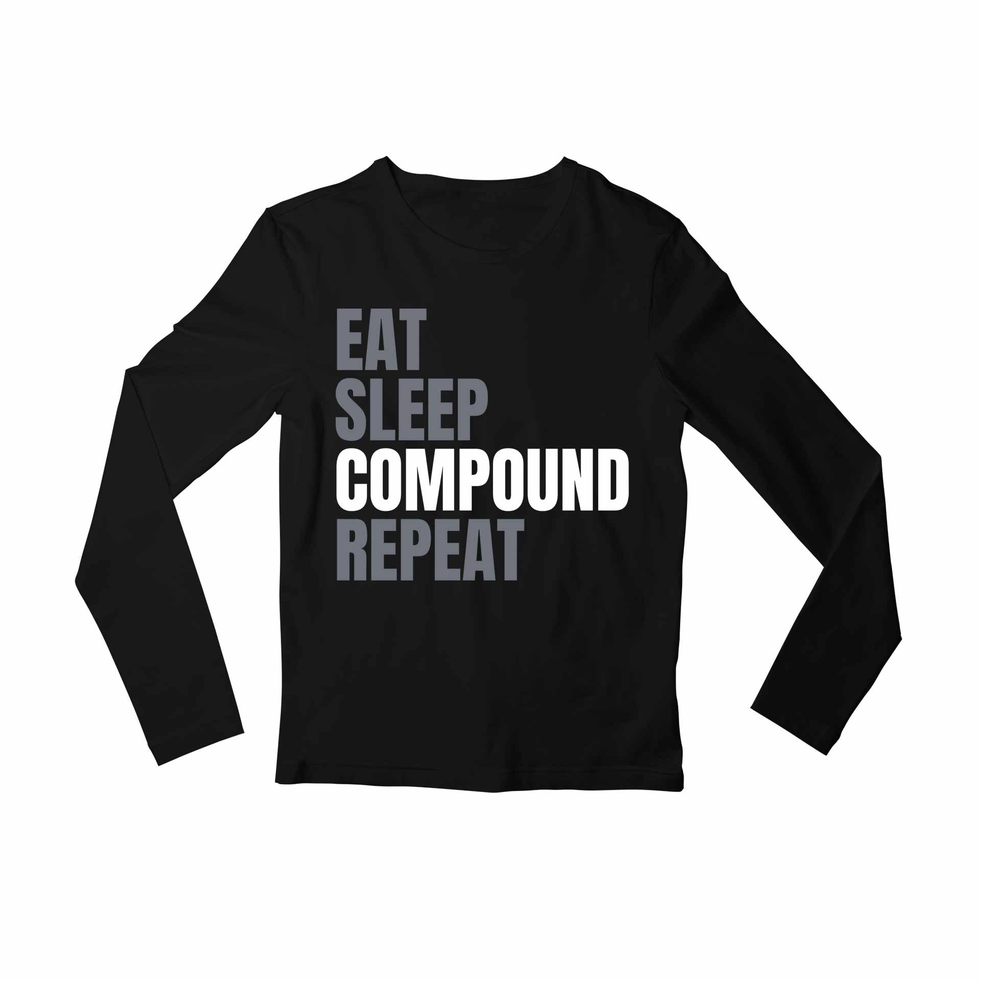 technofunda investing eat sleep compound repeat full sleeves long sleeves finance stock equity compounding graphic stylish buy online india vivek mashrani tbt men women girls boys unisex black