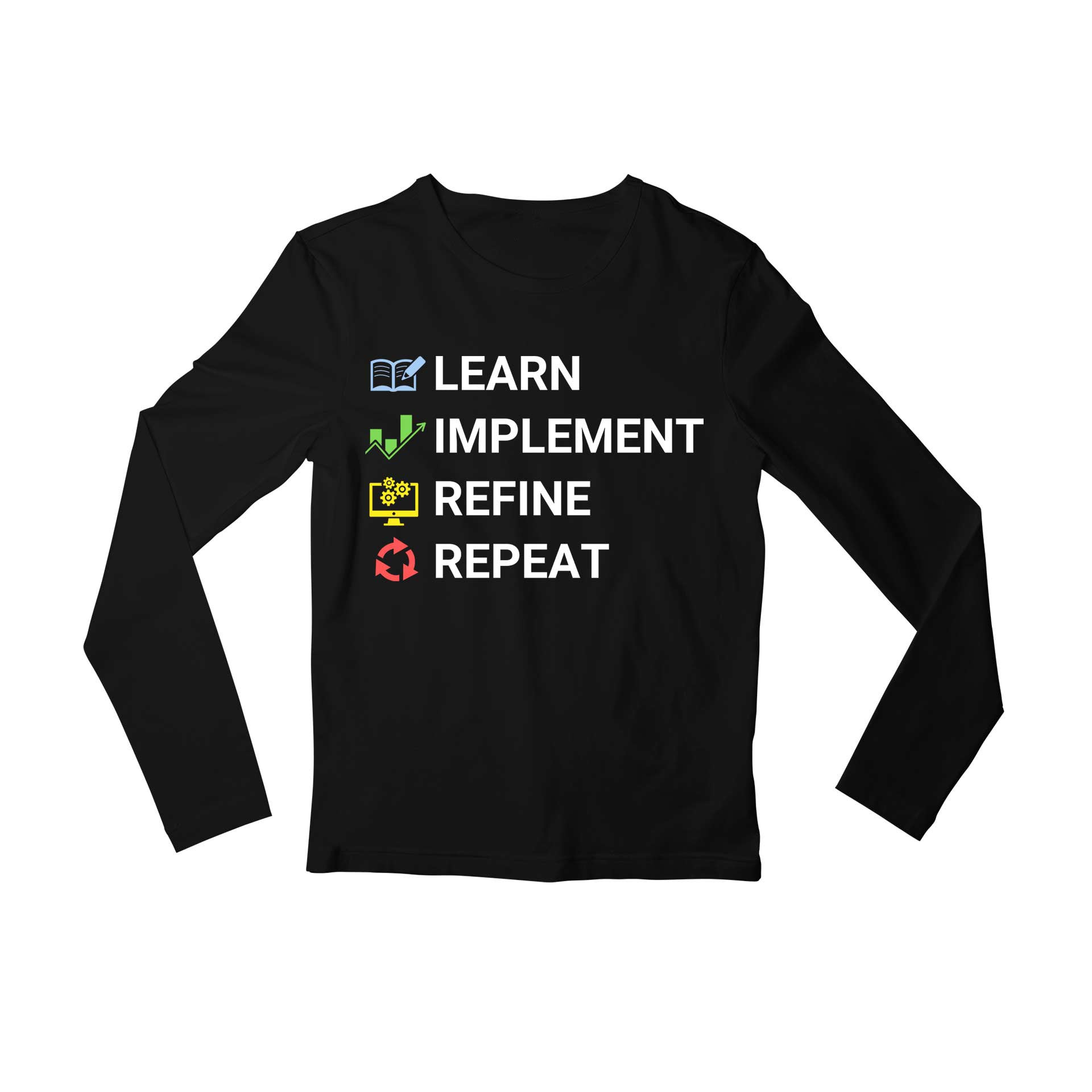 technofunda investing learn implement refine repeat full sleeves long sleeves finance stock equity compounding graphic stylish buy online india vivek mashrani tbt men women girls boys unisex black