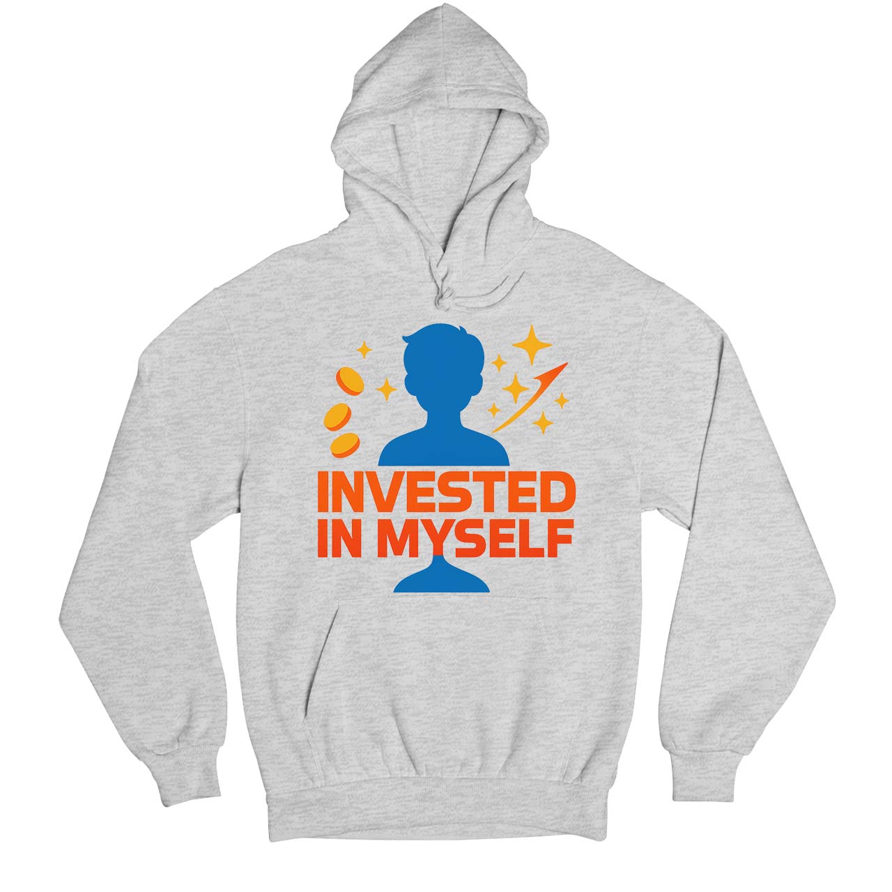 Gray hoodie with a blue silhouette and 'Invested in Myself' text on a white background