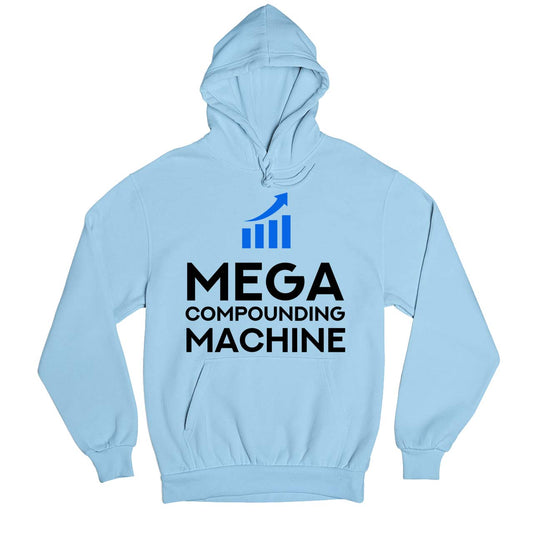 technofunda investing mega compounding machine hoodie hooded sweatshirt winterwear finance stock equity compounding graphic stylish buy online india vivek mashrani tbt men women girls boys unisex baby blue