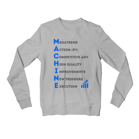 technofunda investing machine framework sweatshirt upper winterwear finance stock equity compounding graphic stylish buy online india vivek mashrani tbt men women girls boys unisex gray