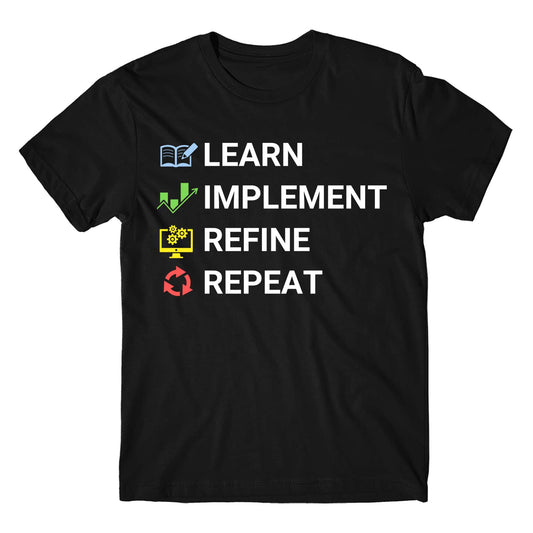 technofunda investing learn implement refine repeat t-shirt finance stock equity compounding graphic stylish buy online india vivek mashrani tbt men women girls boys unisex black