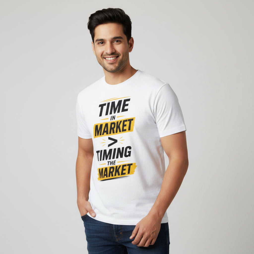 technofunda investing time in market > timing the market t-shirt finance stock equity compounding graphic stylish buy online india vivek mashrani tbt men women girls boys unisex beige