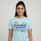 Light blue t-shirt with 'Technofunda Investor' text and graphics on a white background