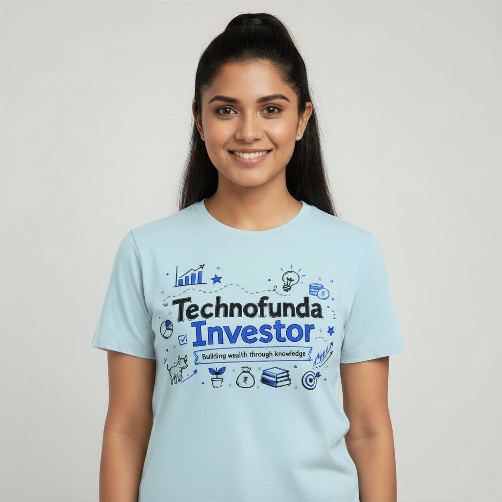 Light blue t-shirt with 'Technofunda Investor' text and graphics on a white background