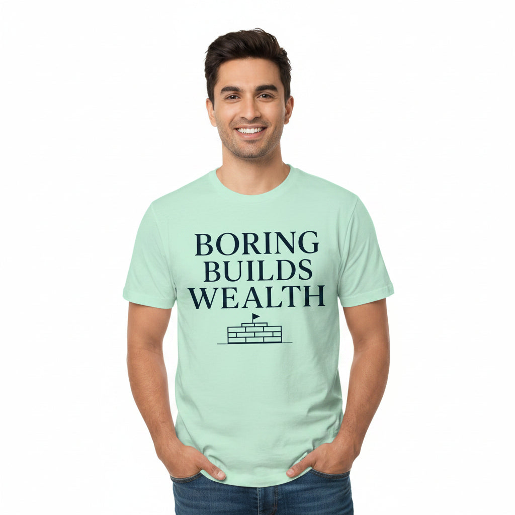 technofunda investing boring builds wealth t-shirt finance stock equity compounding graphic stylish buy online india vivek mashrani tbt men women girls boys unisex beige