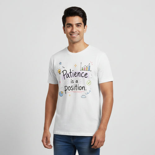 technofunda investing patience is a position t-shirt finance stock equity compounding graphic stylish buy online india vivek mashrani tbt men women girls boys unisex beige