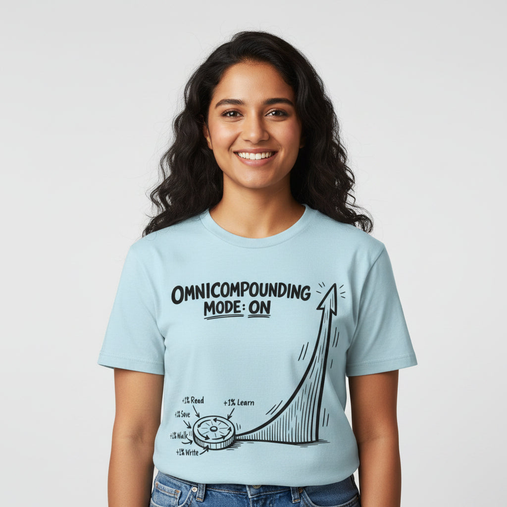 technofunda investing omnicompounding mode on: 1% better t-shirt finance stock equity compounding graphic stylish buy online india vivek mashrani tbt men women girls boys unisex beige