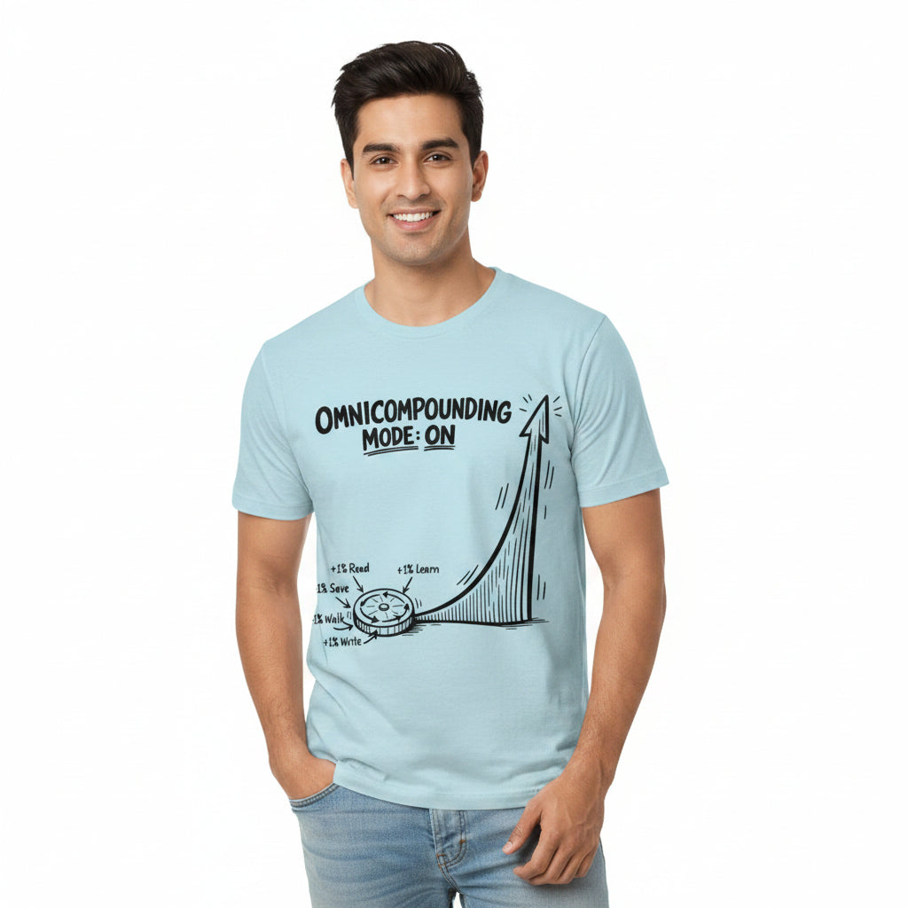 Light blue t-shirt with black graphic and text on a white background omnicompounding