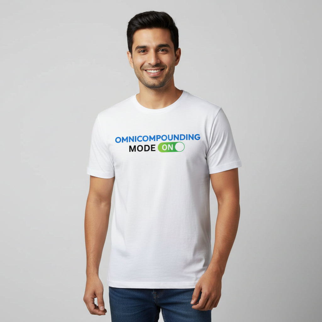 technofunda investing omnicompounding mode on t-shirt finance stock equity compounding graphic stylish buy online india vivek mashrani tbt men women girls boys unisex beige