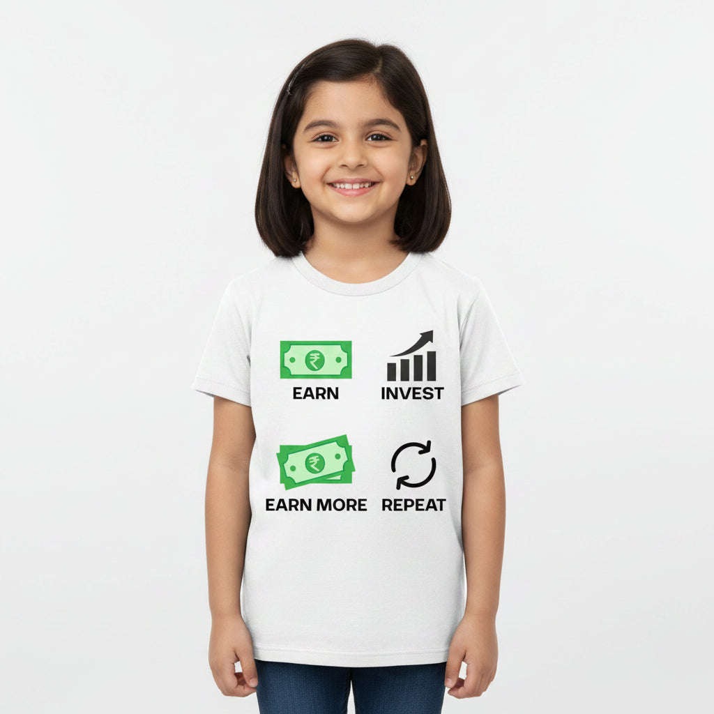White t-shirt with financial graphics and text on a white background