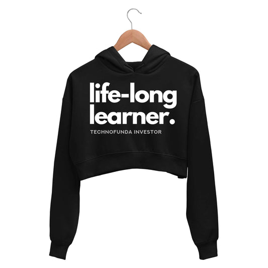 technofunda investing life long learner tf investor crop hoodie hooded sweatshirt upper winterwear finance stock equity compounding graphic stylish buy online india vivek mashrani tbt men women girls boys unisex black