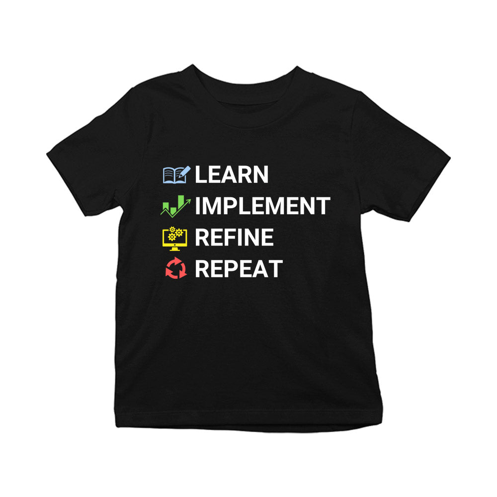 technofunda investing learn implement refine repeat t-shirt finance stock equity compounding graphic stylish buy online india vivek mashrani tbt men kids girls boys unisex black