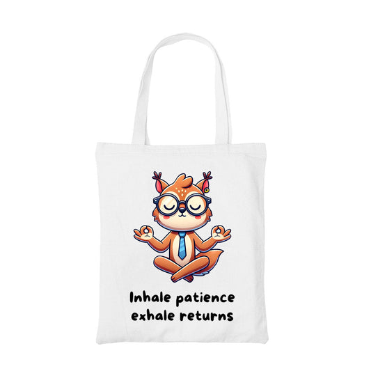 technofunda investing inhale patience exhale returns tote bag cotton finance stock equity compounding finance stock equity compounding graphic stylish buy online india vivek mashrani tbt men women girls boys unisex